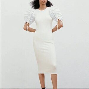 Zara Ribbed Knit Puff Sleeve Back Cutout Midi Dress